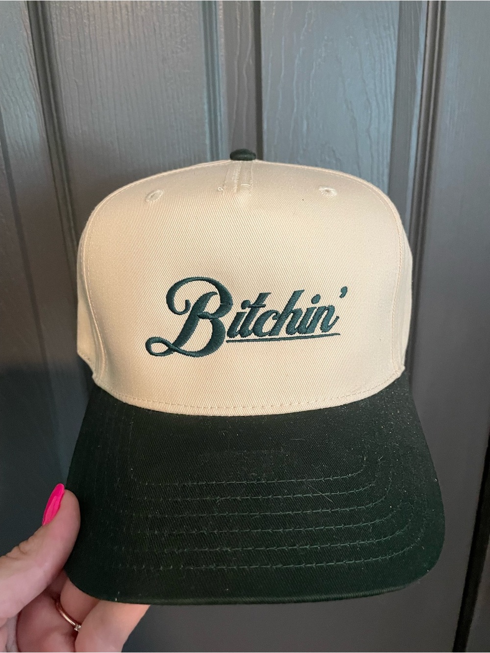 Cream and Dark Green 'Bitchin'' Baseball Cap - OTTO